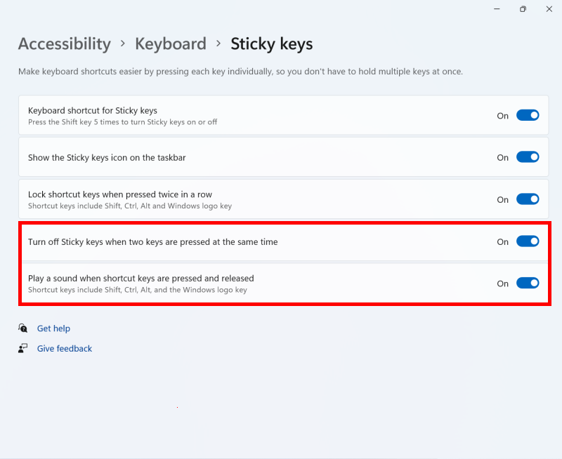 Enable the last two options to turn off sticky keys when two keys are pressed and for audio alerts when a sticky key is active